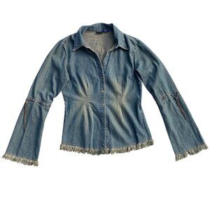 Vanity Girl Denim Fringe Leather Cord Shirt Sz L Babydoll Faded Country Western